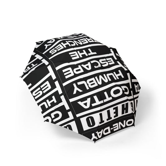 G.H.E.T.T.O. Compact Foldable Umbrella — Bold Black & White Word-Block Design
