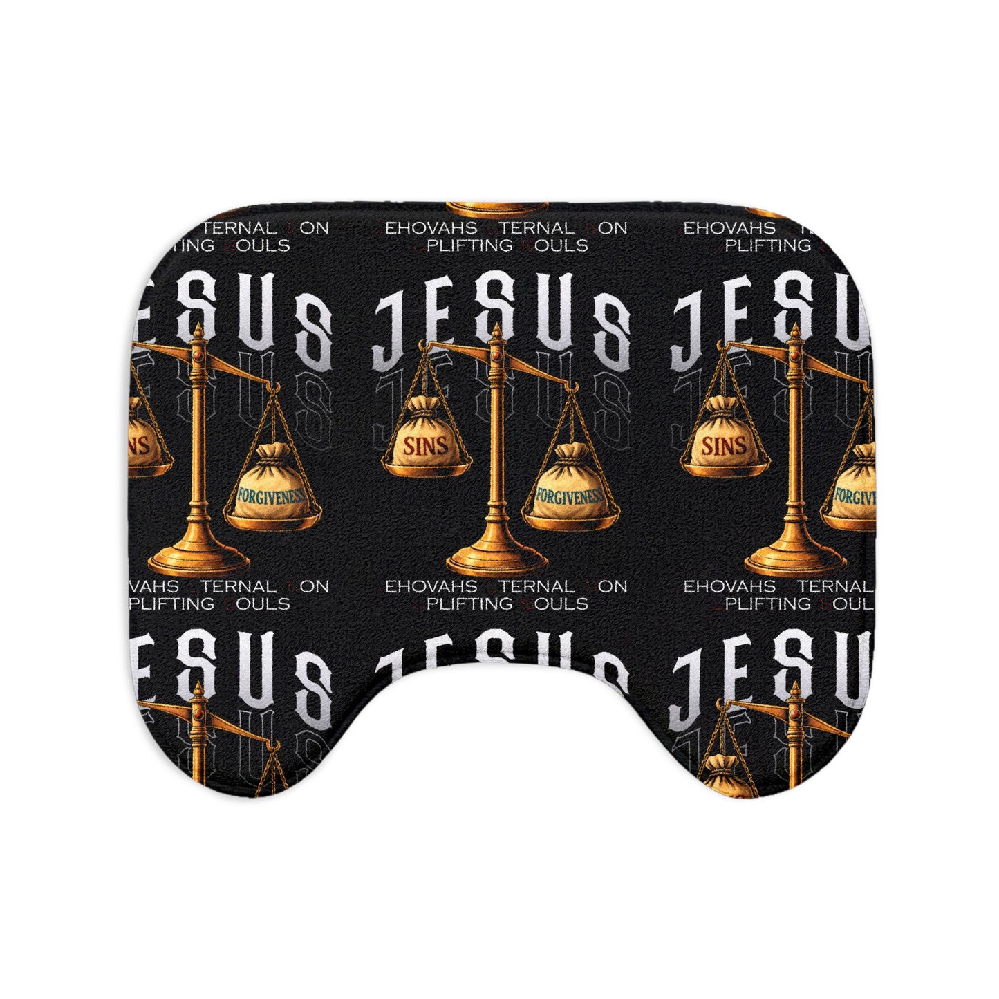 Jesus Scales Bath Mat Set — 3-Piece Religious Bathroom Rug (Sins vs Forgiveness)