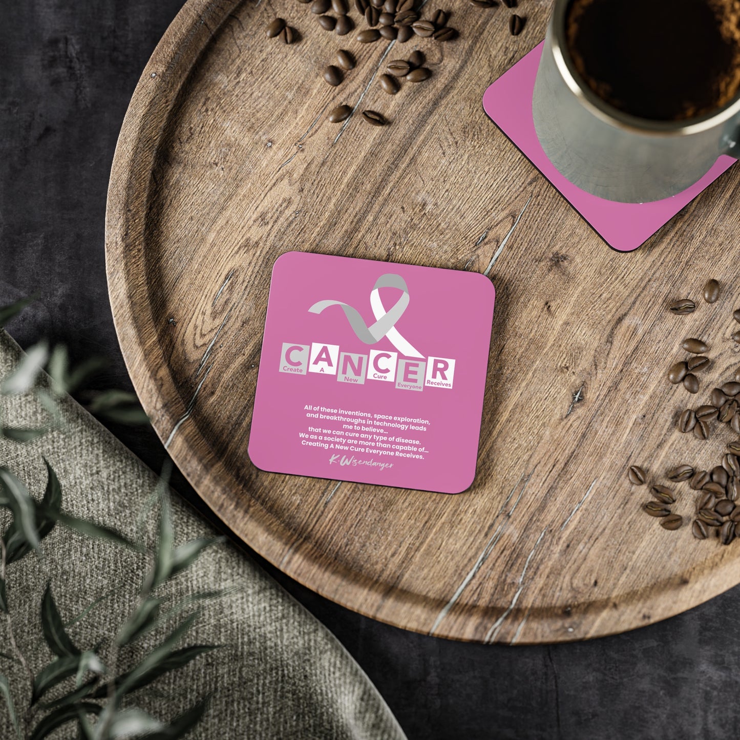Breast C.A.N.C.E.R. Awareness Coasters — Pink Ribbon Support Drink Coaster (Set)