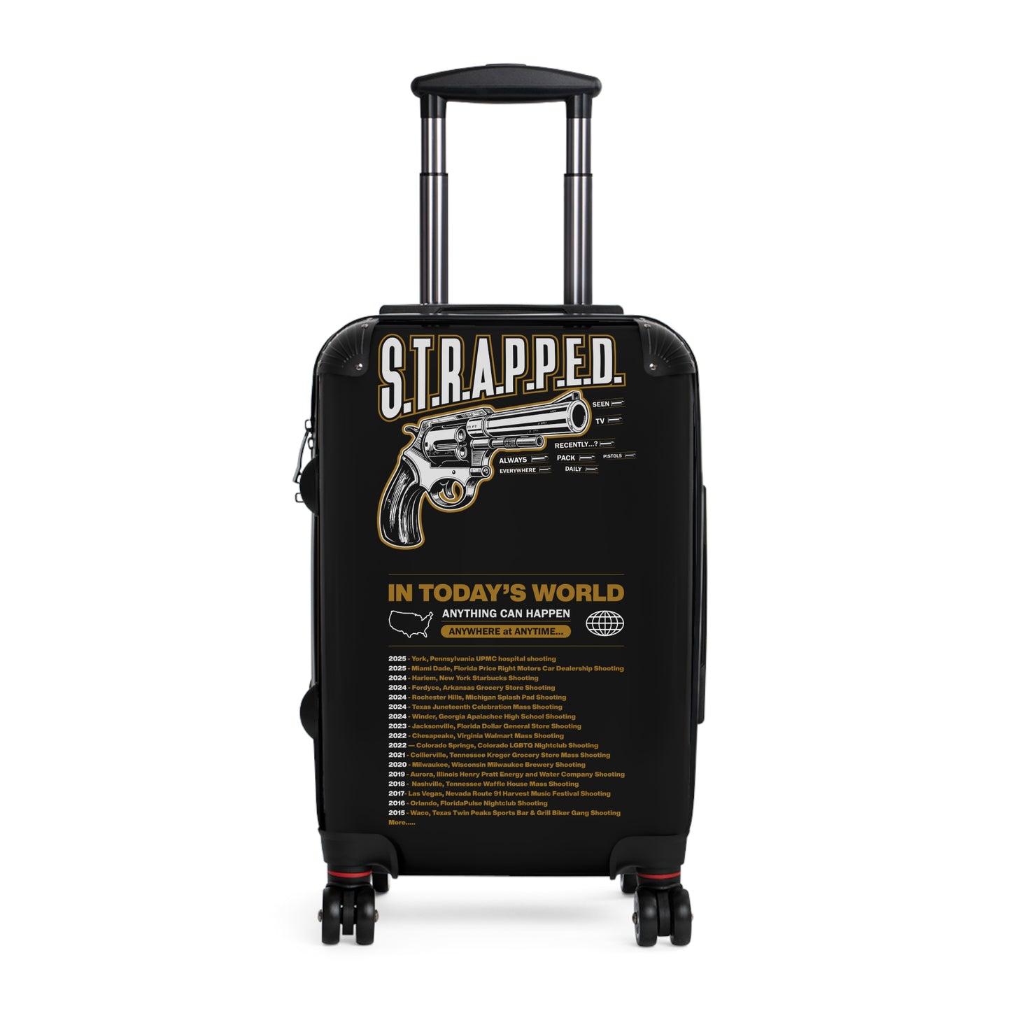 S.T.R.A.P.P.E.D. Carry-On Luggage, Travel Bag, Adventure Suitcase, Unique Vacation Gear, Gun Design Suitcase