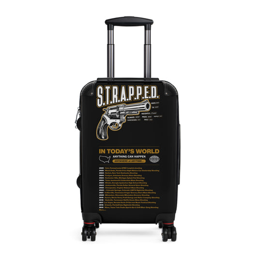 S.T.R.A.P.P.E.D. Carry-On Luggage, Travel Bag, Adventure Suitcase, Unique Vacation Gear, Gun Design Suitcase