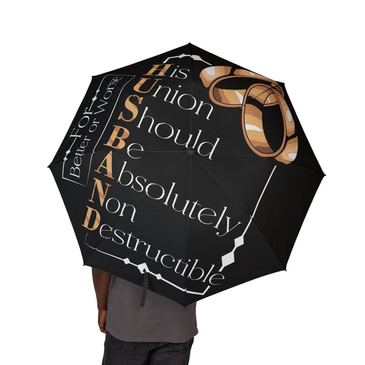 H.U.S..B.A.N.D. Foldable Wedding Rings Umbrella — Semi‑Automatic Compact Rain Parasol with Gold Ring Design