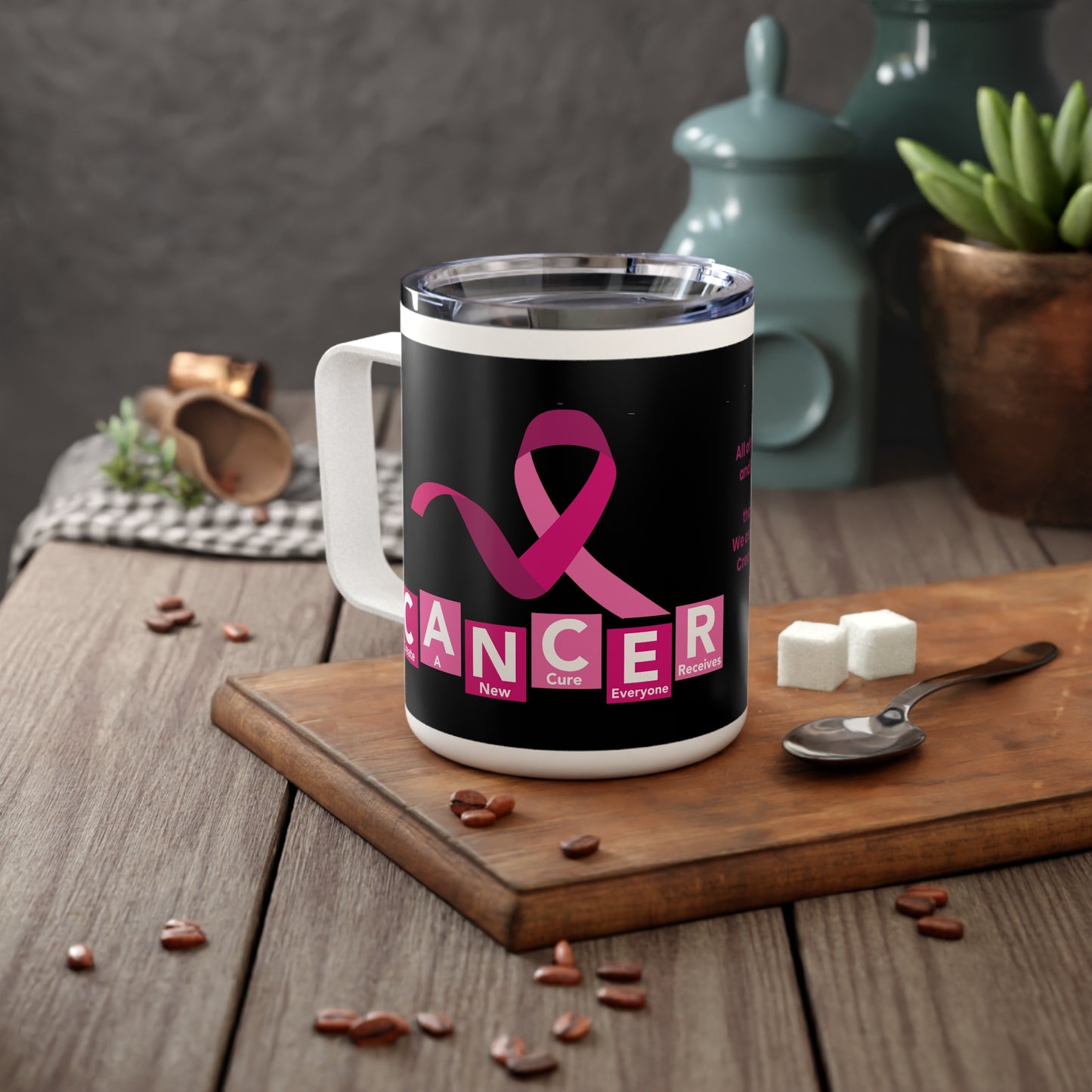 C.A.N.C.E.R. (Create A New Cure Everyone Receives)Breast Cancer Awareness Insulated Coffee Mug, Stylish Travel Mug for Survivors, Support Gift for Her, Inspirational Quotes, Fundraiser Mug
