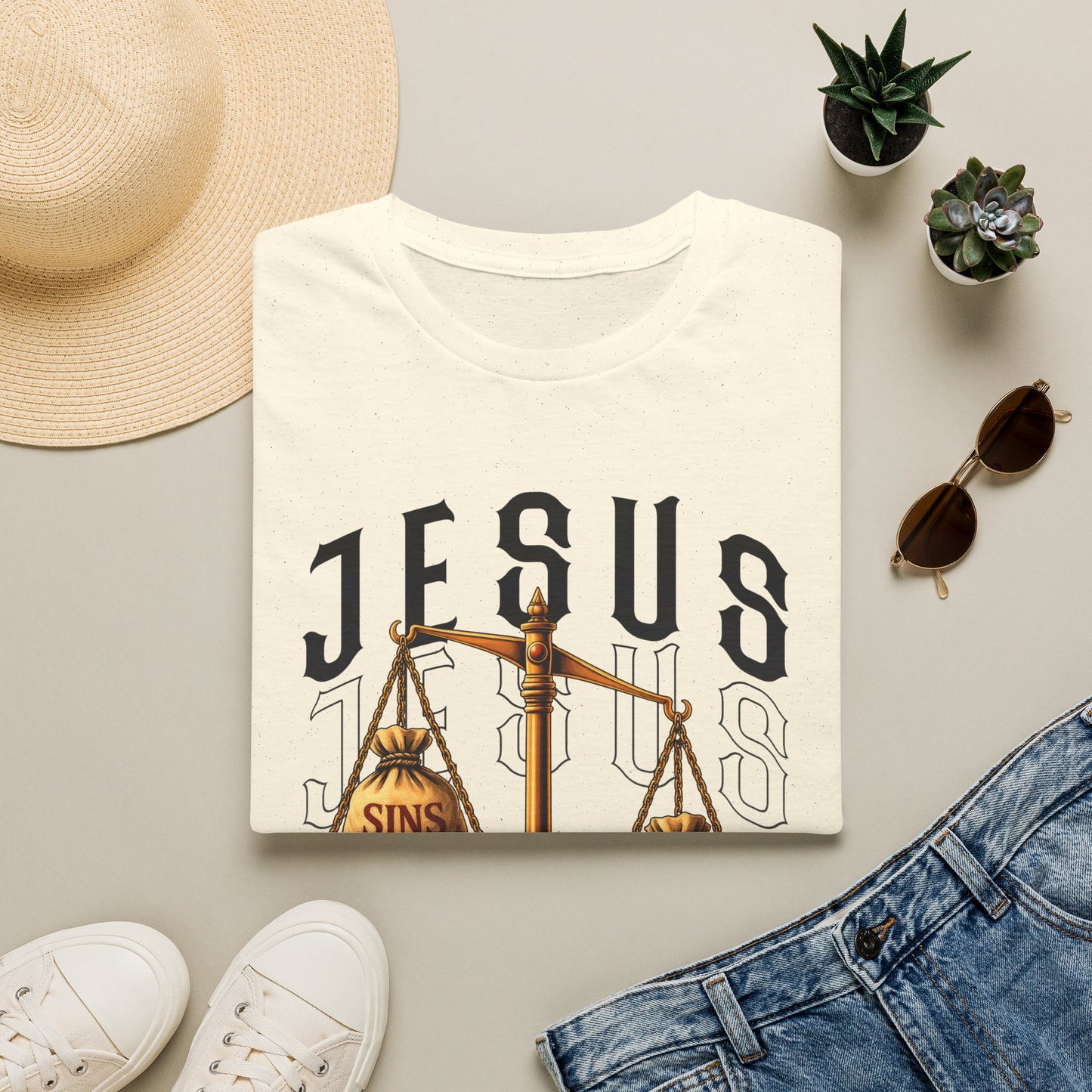 Jesus Scales T-Shirt — "Sins" vs "Forgiveness" Faith Graphic Tee
