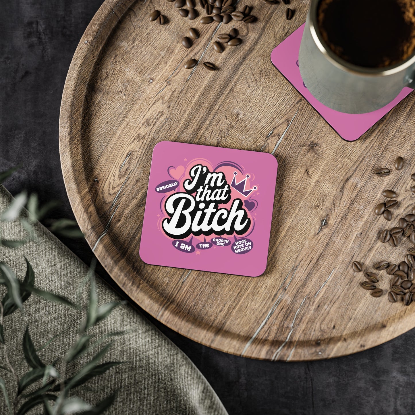 Coaster - "I'm That Bitch" Funny Pink Cork Drink Coaster, Sassy Gift for Friends & Bachelorette