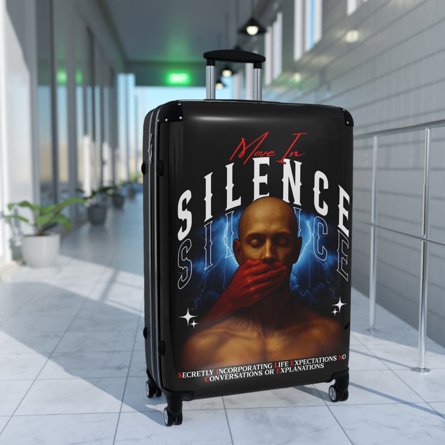 Move In S.I.L.E.N.C.E. Travel Suitcase with Artistic Design, Unique Luggage for Stylish Travelers