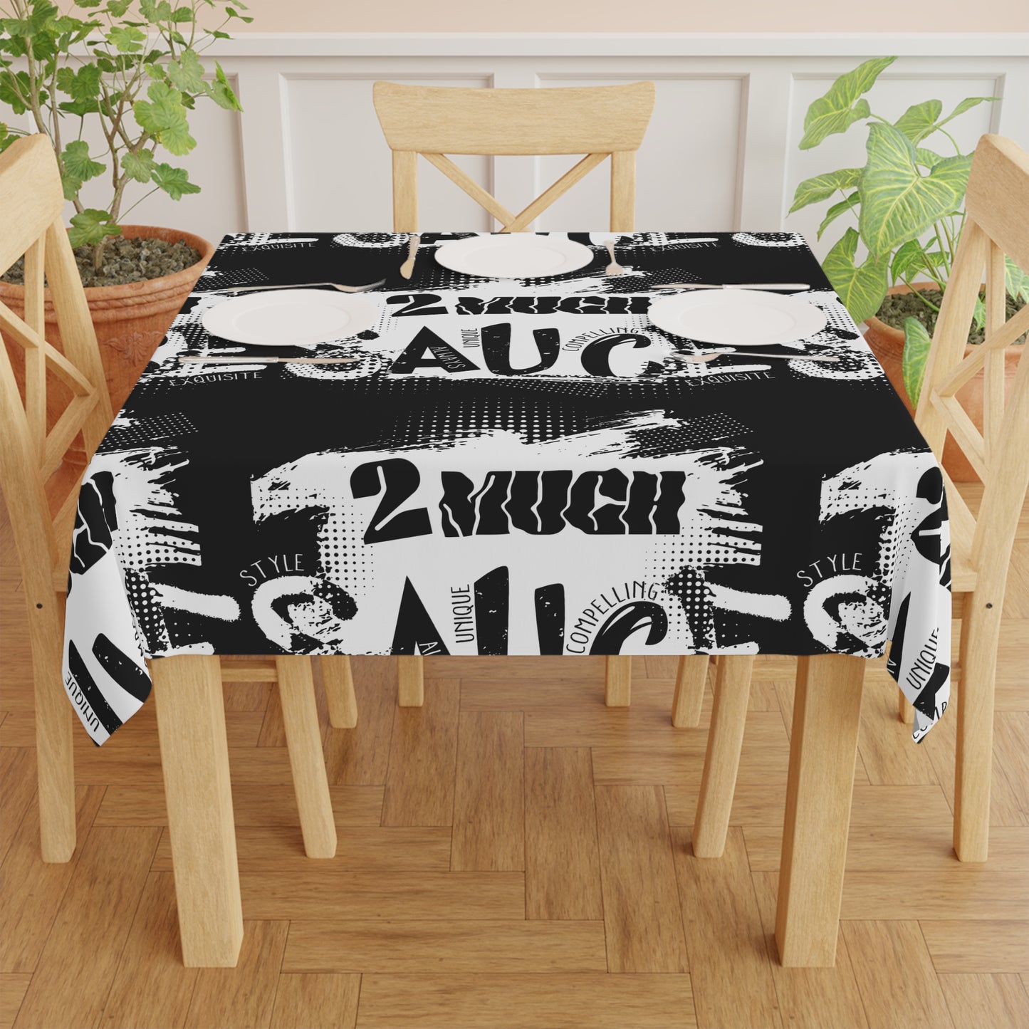 Tablecloth — Bold Black & White '2 Much Sauce' Graphic Pattern