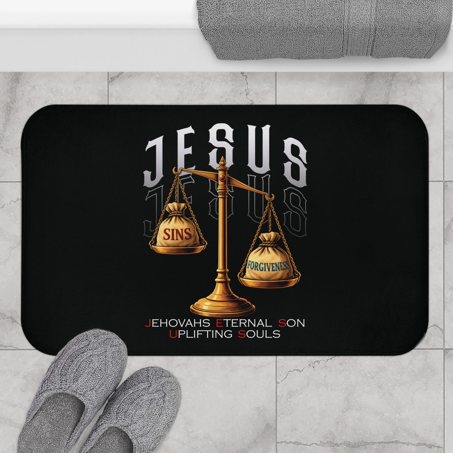 Christian Bath Mat — Jesus Scales of Sins & Forgiveness Design