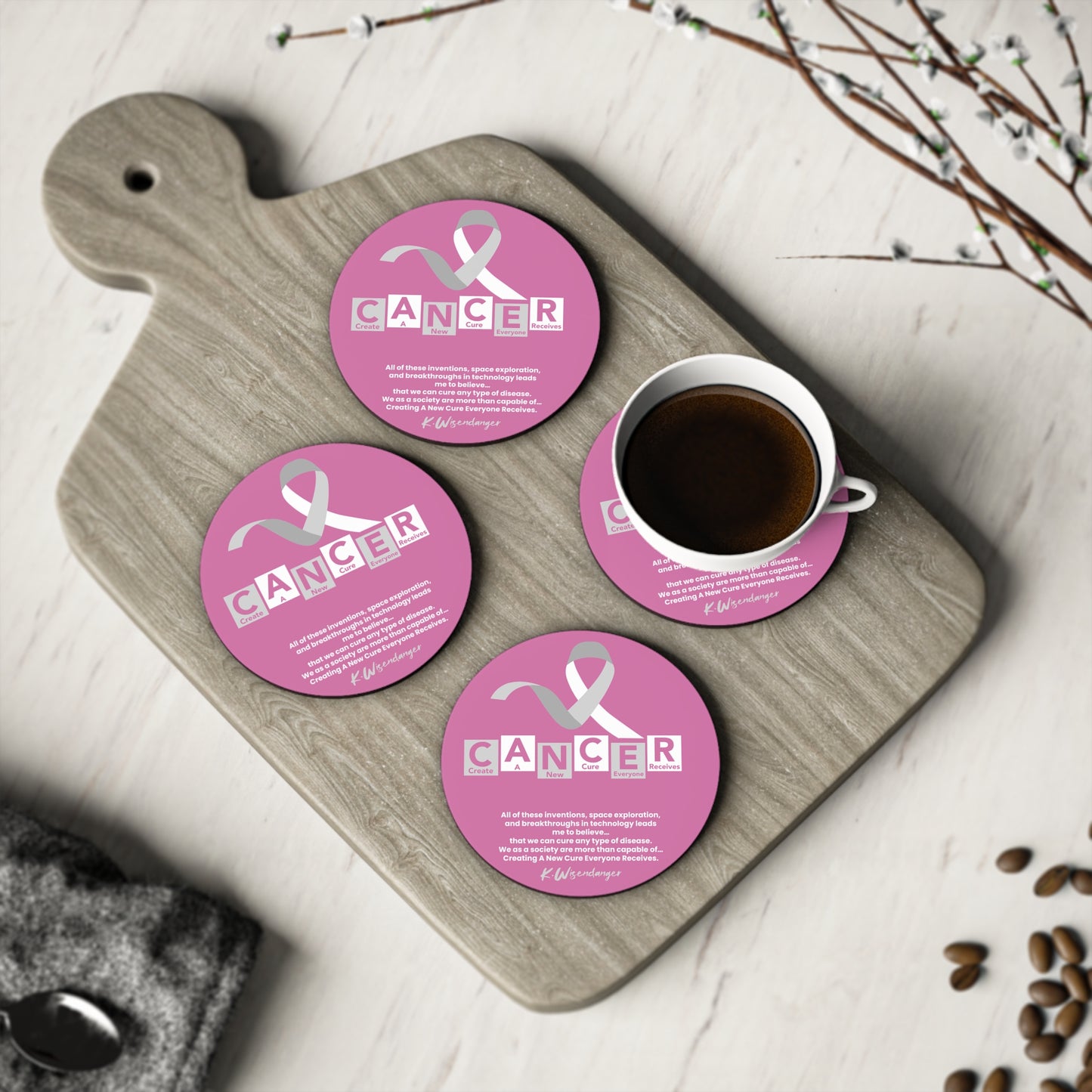 Breast C.A.N.C.E.R. Awareness Coasters — Pink Ribbon Support Drink Coaster (Set)