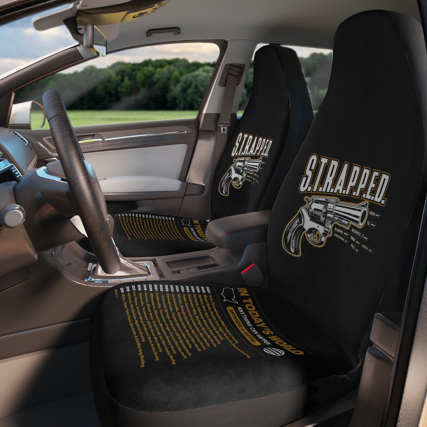 Car Seat Covers — 'S.T.R.A.P.P.E.D.' Revolver Graphic Polyester Protectors