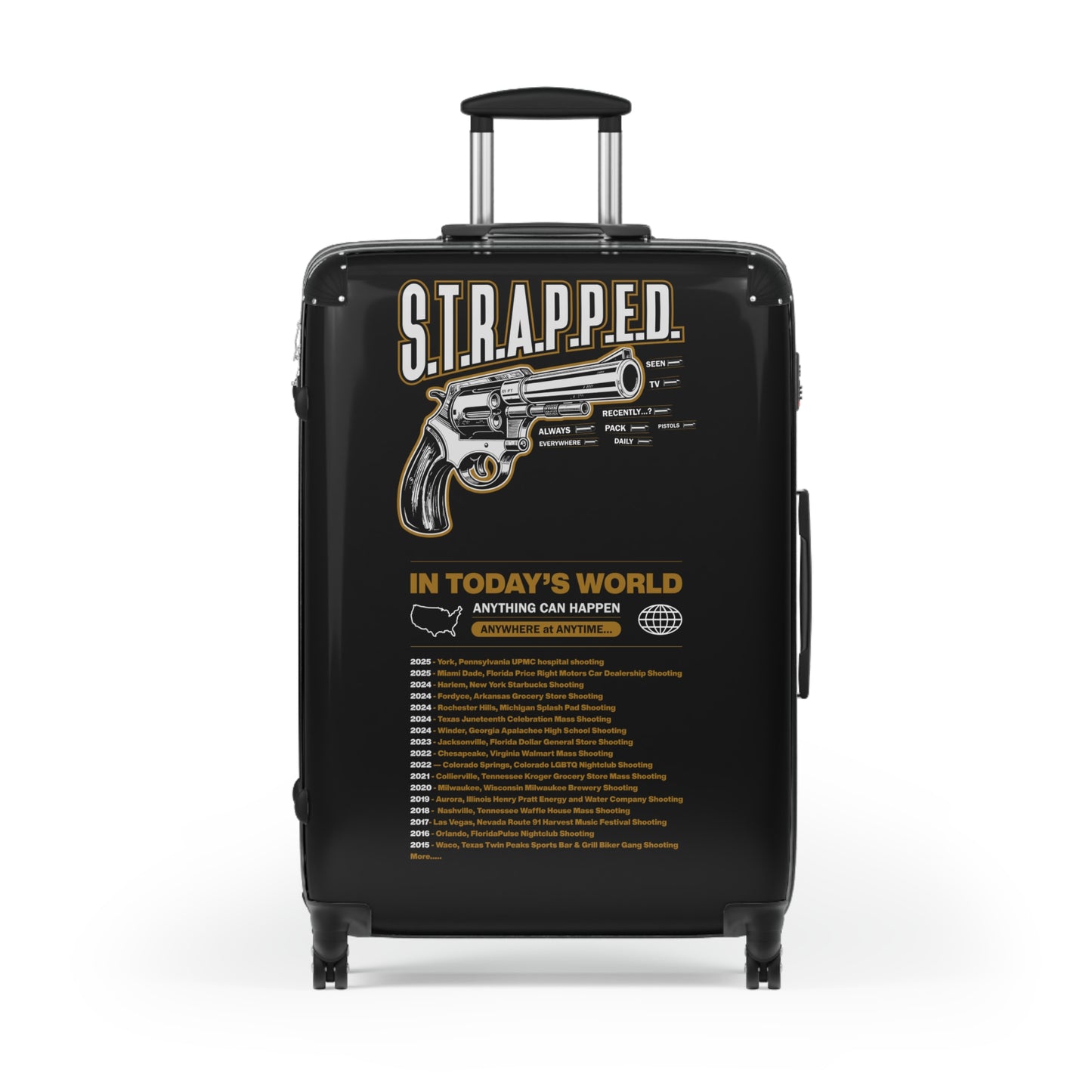 S.T.R.A.P.P.E.D. Carry-On Luggage, Travel Bag, Adventure Suitcase, Unique Vacation Gear, Gun Design Suitcase