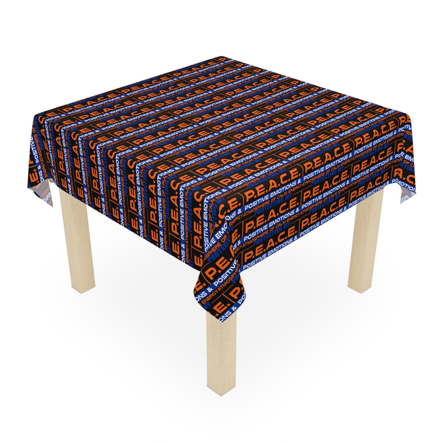 Peace Pattern Tablecloth — Bold Orange & Navy Repeating "P.E.A.C.E." Design