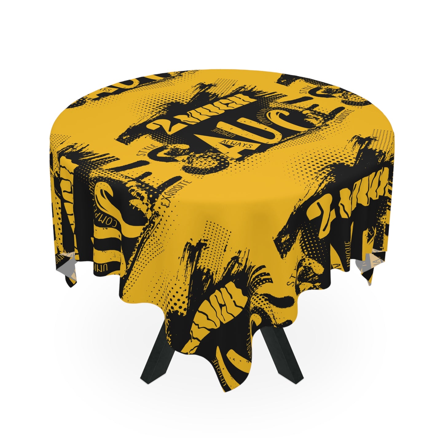Bold '2 Much Sauce' Graphic Tablecloth — Yellow & Black Retro Grunge Dining Cover