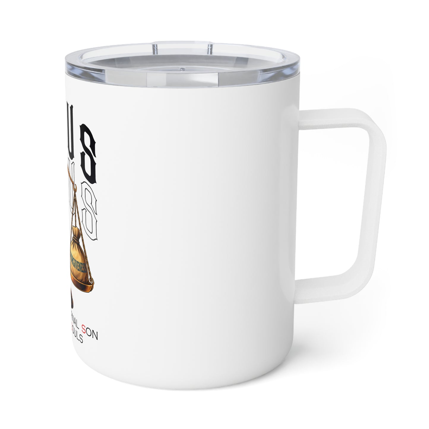 J.E.S.U.S. Insulated Coffee Mug 10oz — Jesus Scales of Forgiveness Design