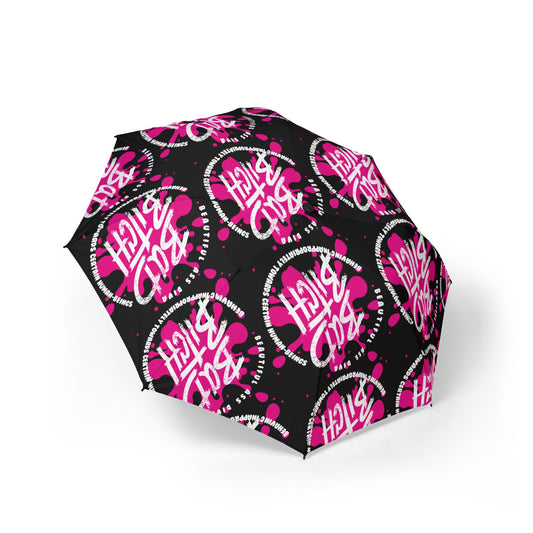 B.A.D. B.I.T.C.H. Foldable Umbrella — Pink Graffiti 'Help Me Girl' Pattern, Semi-Automatic Compact Rain Umbrella