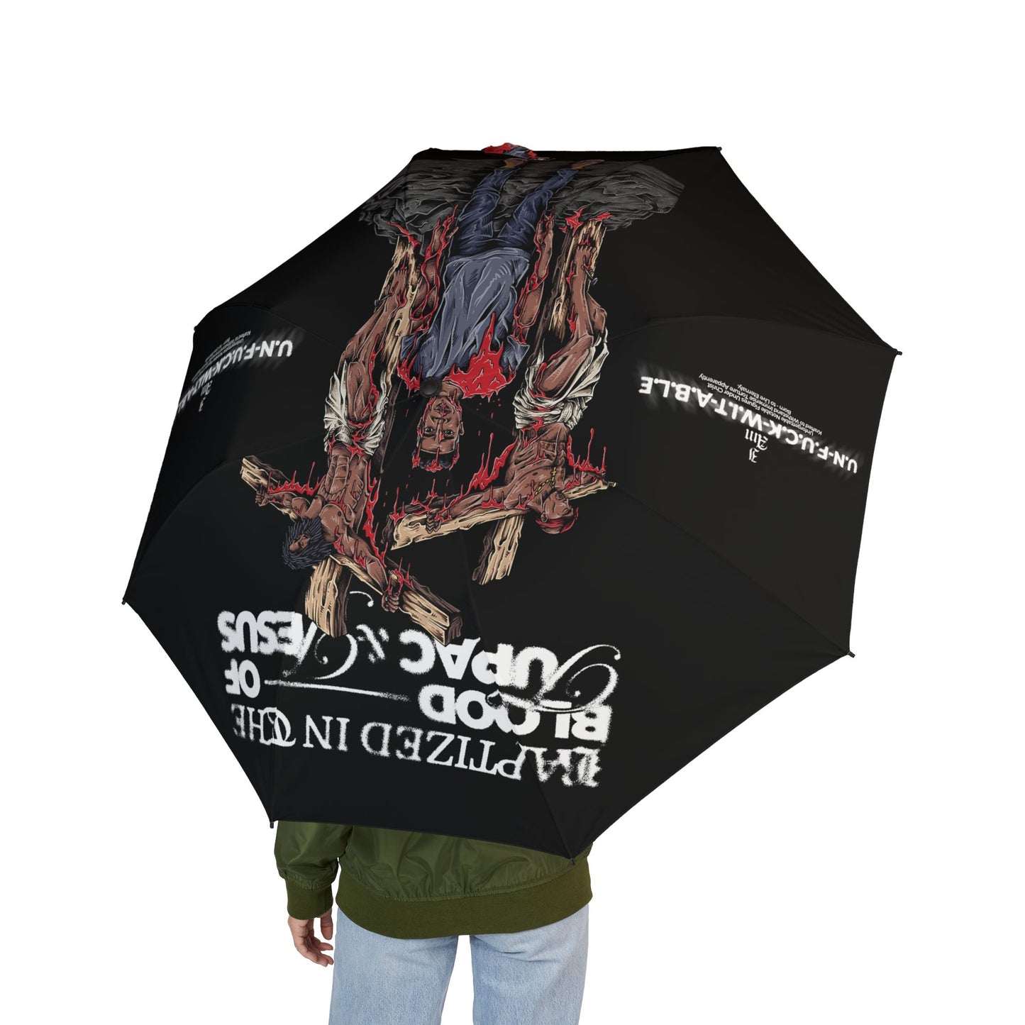BAPTIZED IN THE BLOOD Foldable Umbrella — Rain Umbrella with Inverted Text Design