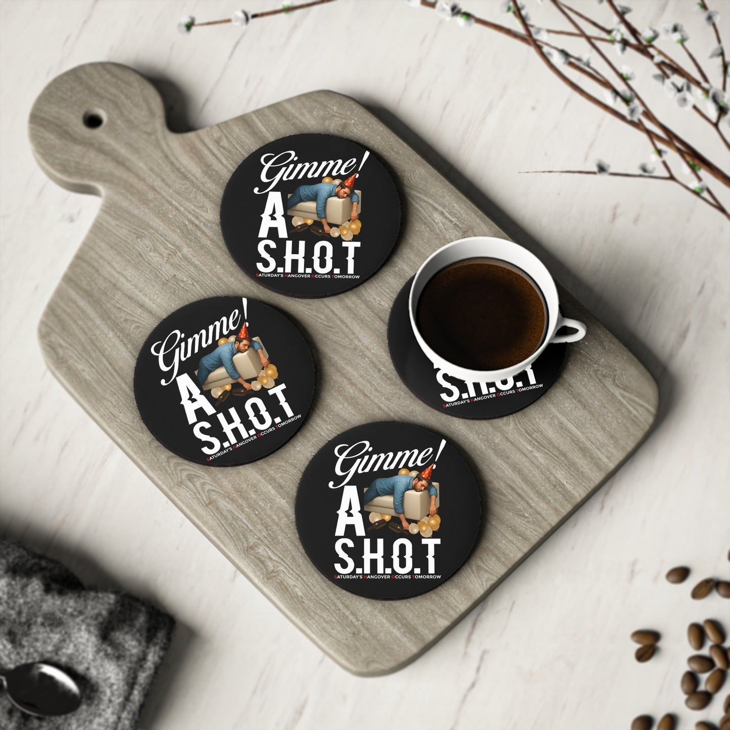 Coaster — "Gimme a S.H.O.T." Funny Hangover Party Drink Coaster