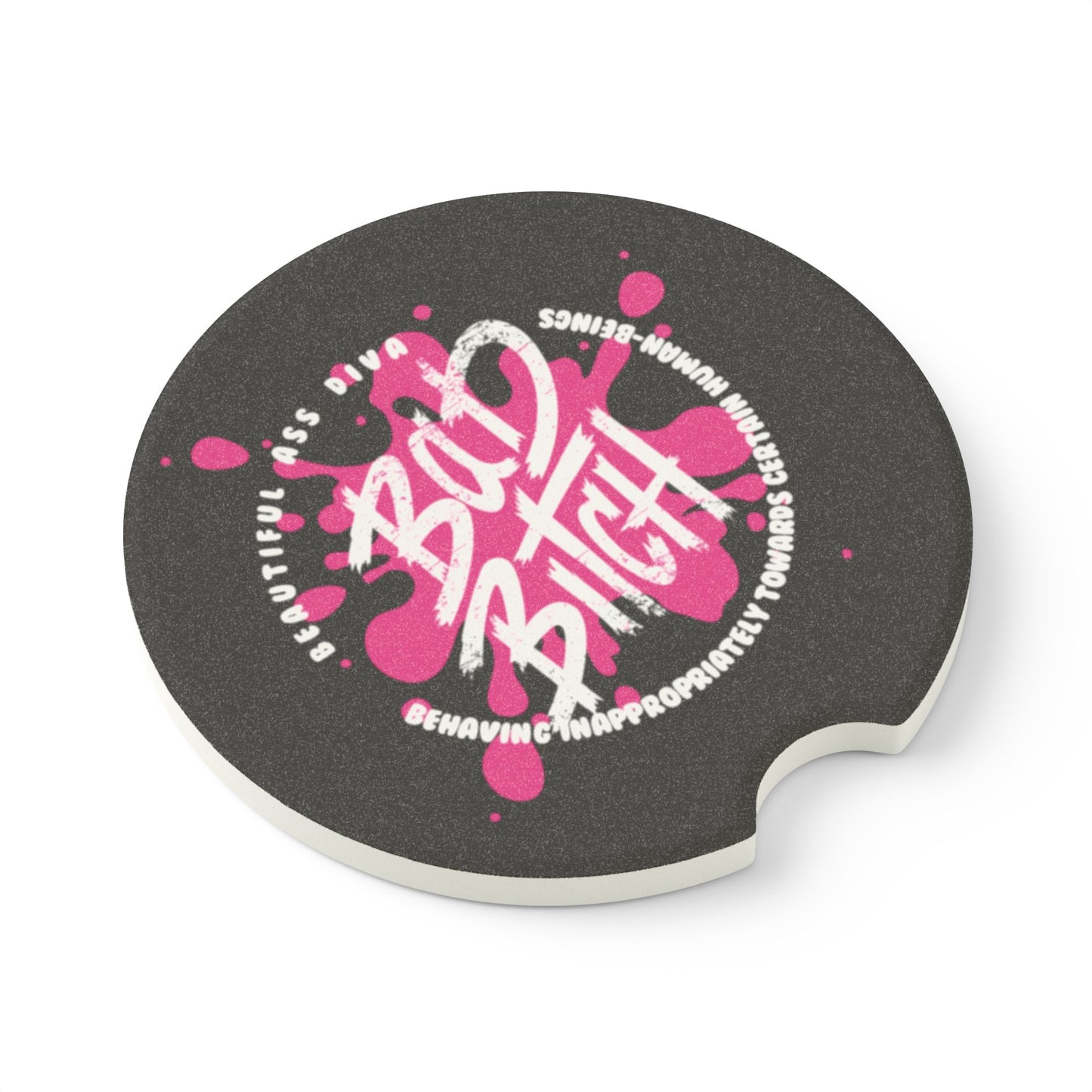Soapstone Car Coaster — “Bad Bitch” Pink Graffiti Car Cup Holder Coaster