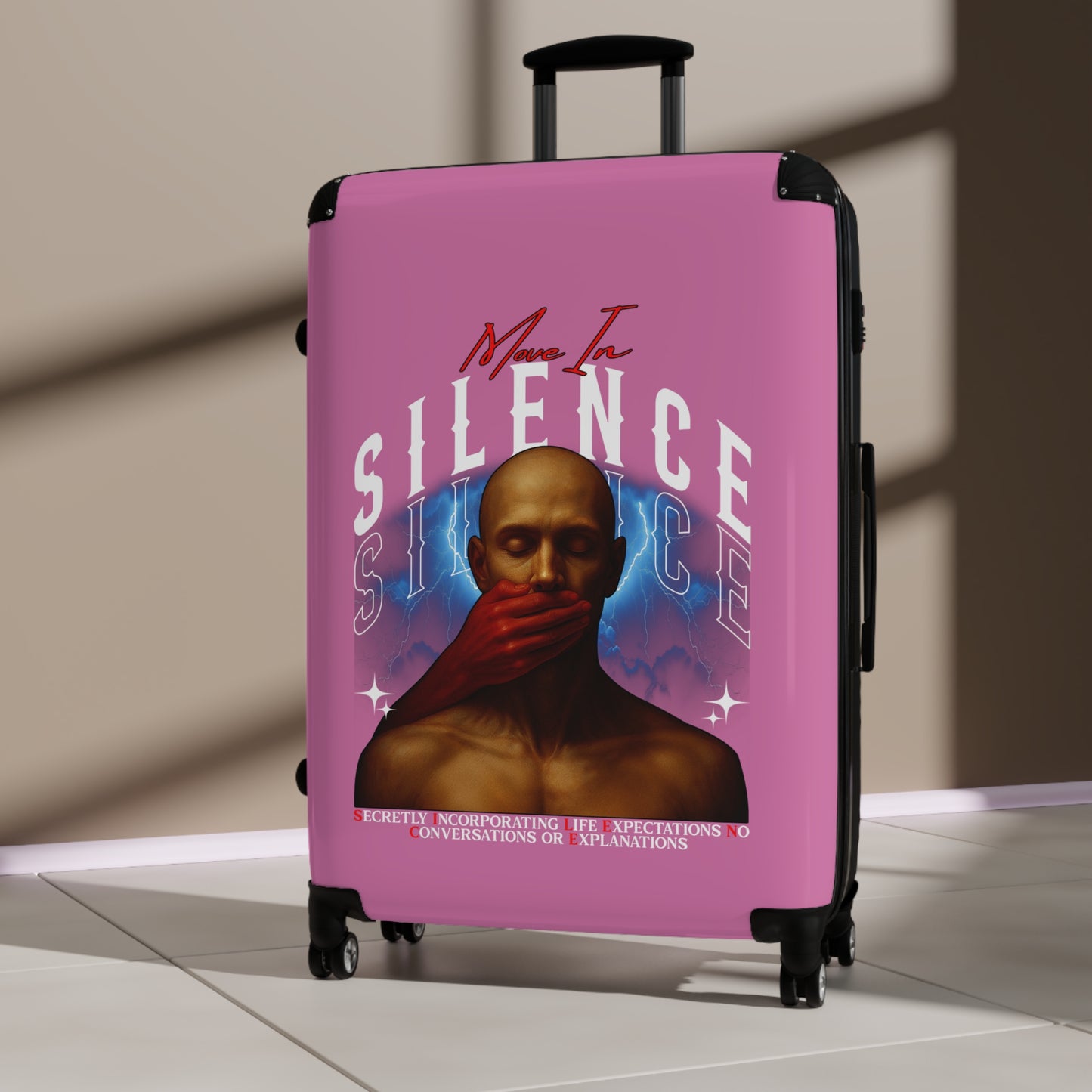 Move In S.I.L.E.N.C.E. (Secretly Incorporating Life Expectations No Conversations & Explanations) Artistic Suitcase with Empowering Design, Travel Luggage