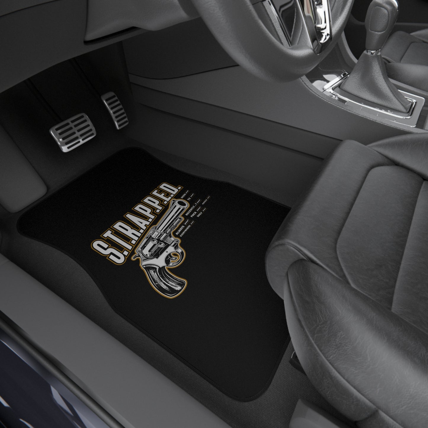 Car Mats — “S.T.R.A.P.P.E.D.” Revolver Graphic Front Floor Mats