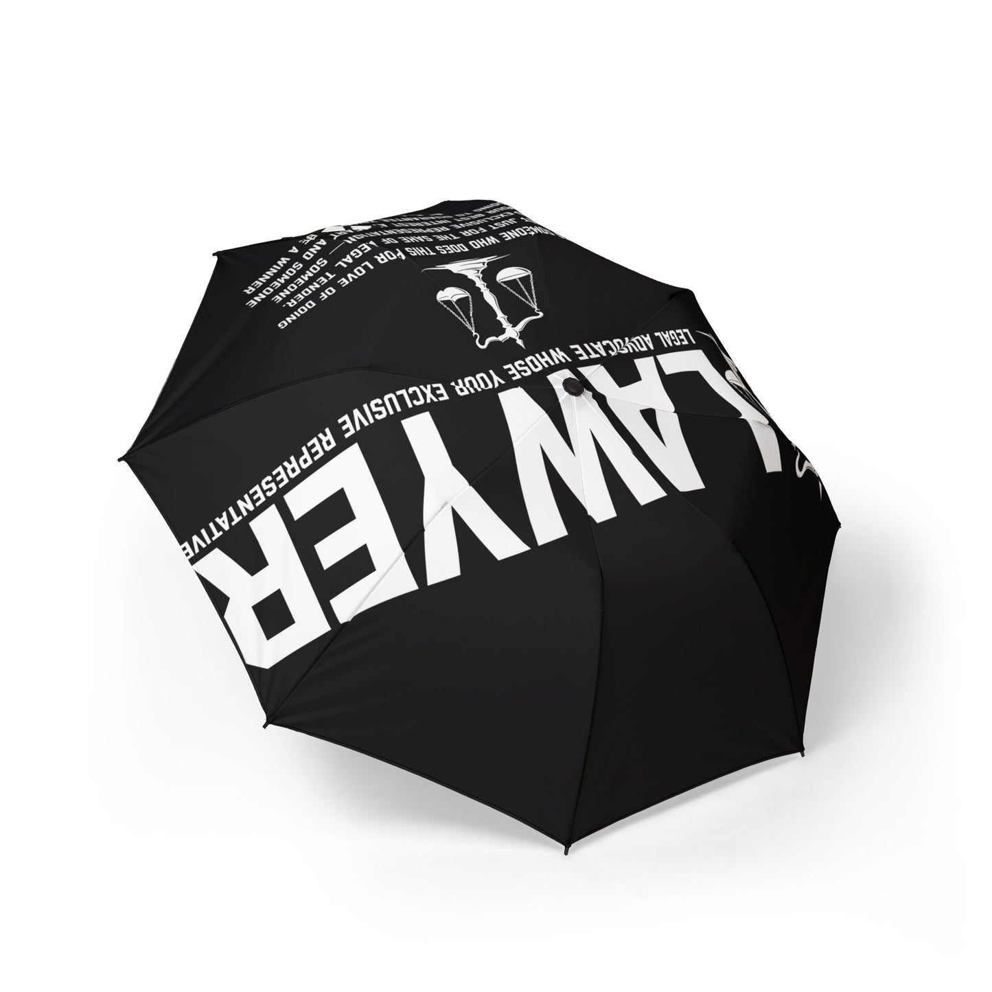 L.A.W.Y.E.R. Scales Foldable Umbrella — Compact Semi-Automatic Rain Parasol with Legal Gavel & Slogan