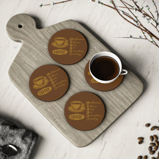 Coffee Coasters – 'COFFEE: Caffeine Offers Fuel For Everyday Energy' Round Cork Drink Coasters