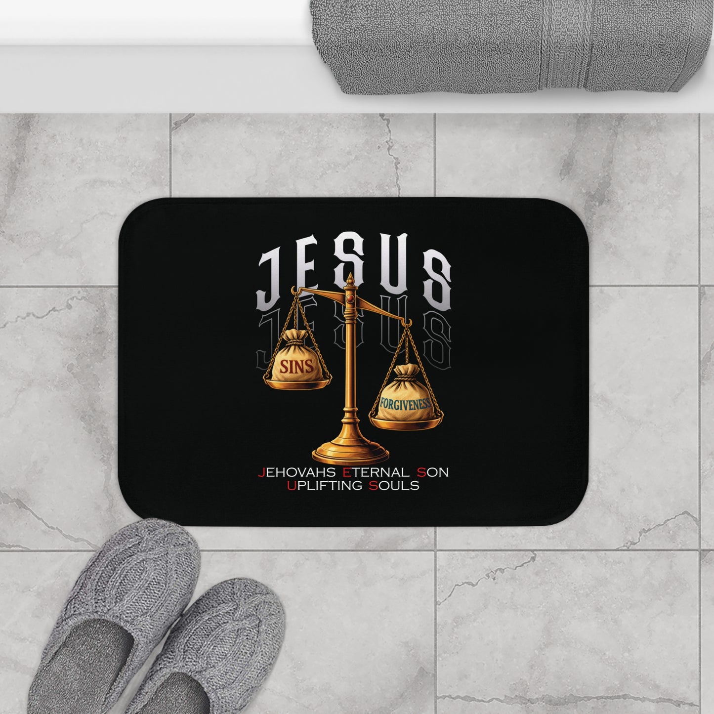 Christian Bath Mat — Jesus Scales of Sins & Forgiveness Design