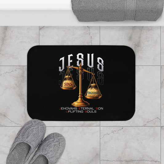 Christian Bath Mat — Jesus Scales of Sins & Forgiveness Design