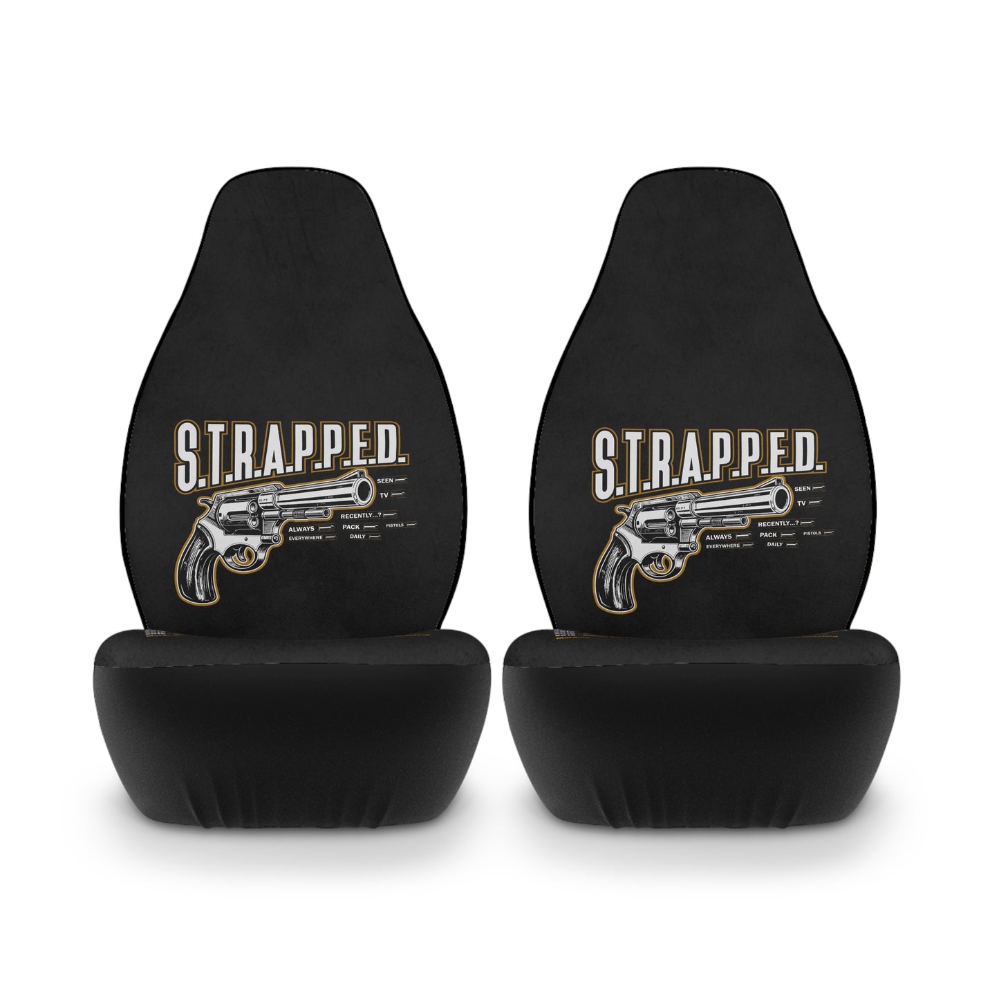 Car Seat Covers — 'S.T.R.A.P.P.E.D.' Revolver Graphic Polyester Protectors