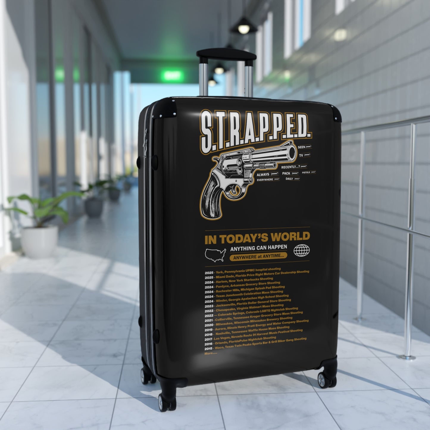 S.T.R.A.P.P.E.D. Carry-On Luggage, Travel Bag, Adventure Suitcase, Unique Vacation Gear, Gun Design Suitcase