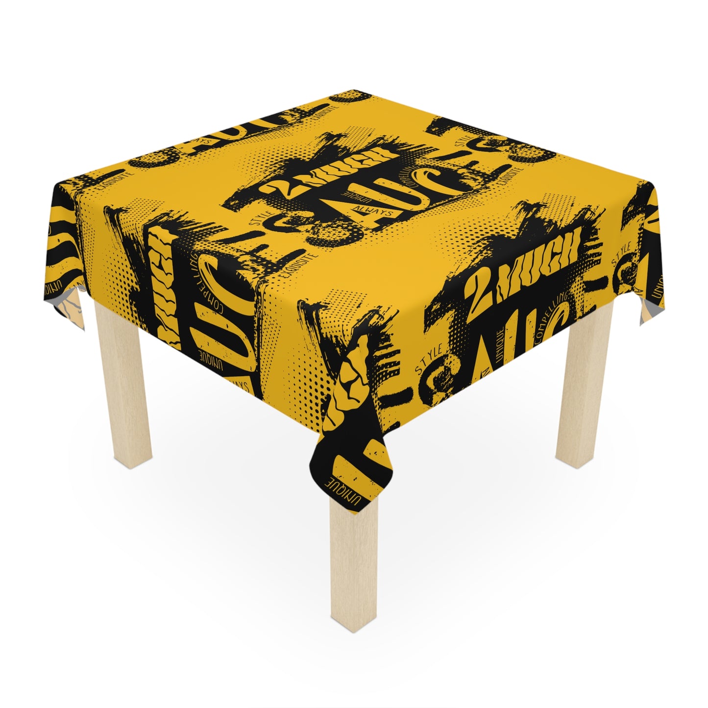 Bold '2 Much Sauce' Graphic Tablecloth — Yellow & Black Retro Grunge Dining Cover