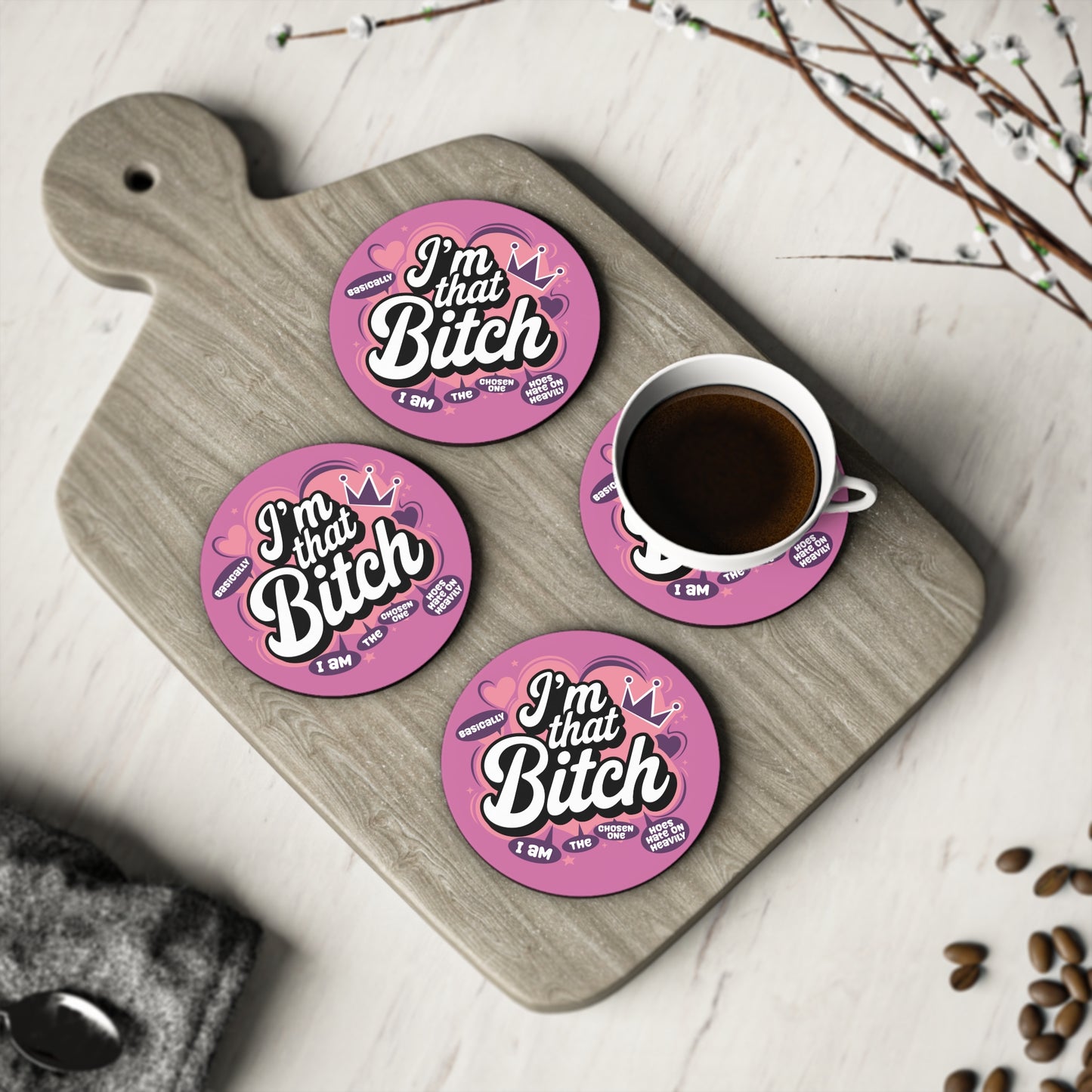 Coaster - "I'm That Bitch" Funny Pink Cork Drink Coaster, Sassy Gift for Friends & Bachelorette