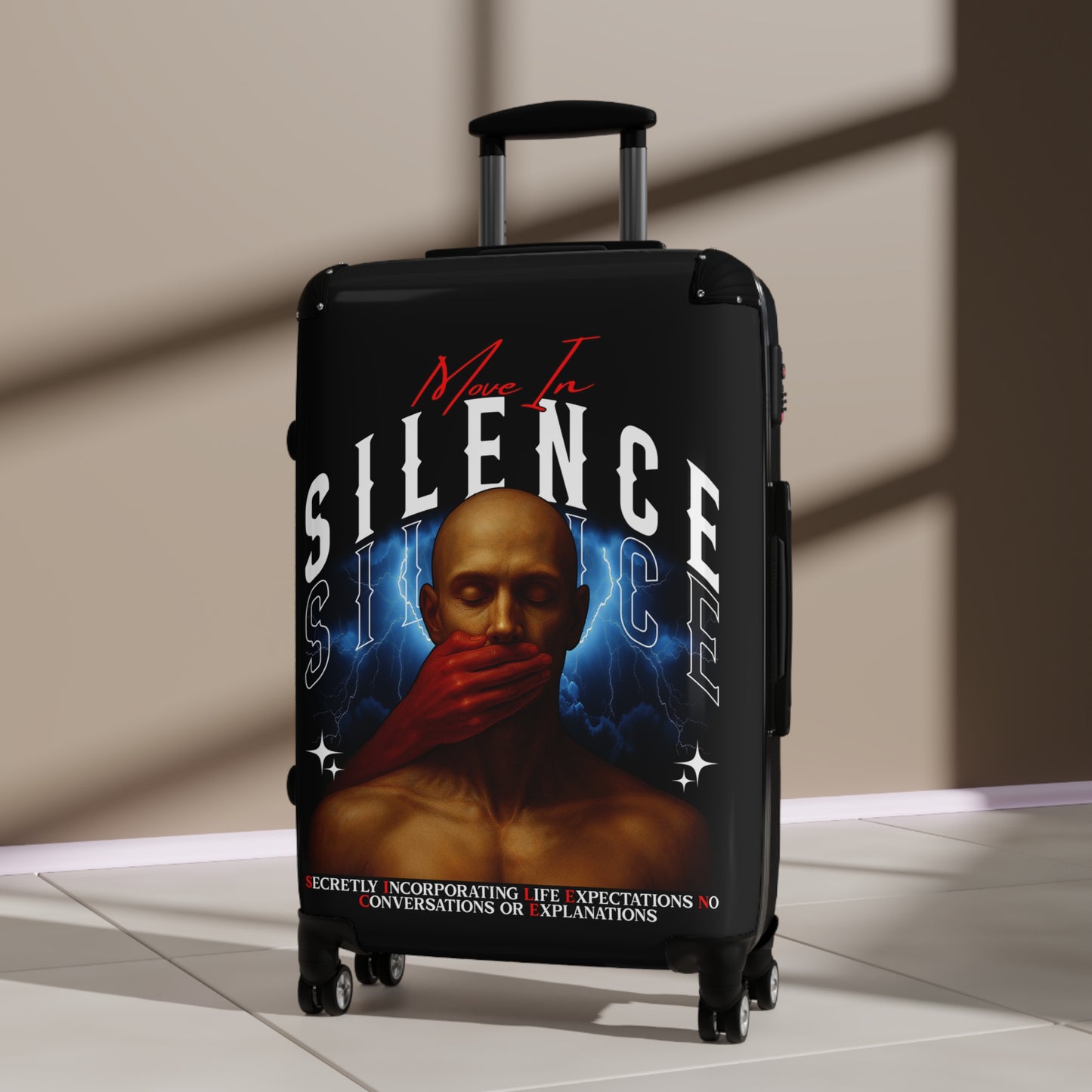 Move In S.I.L.E.N.C.E. Travel Suitcase with Artistic Design, Unique Luggage for Stylish Travelers