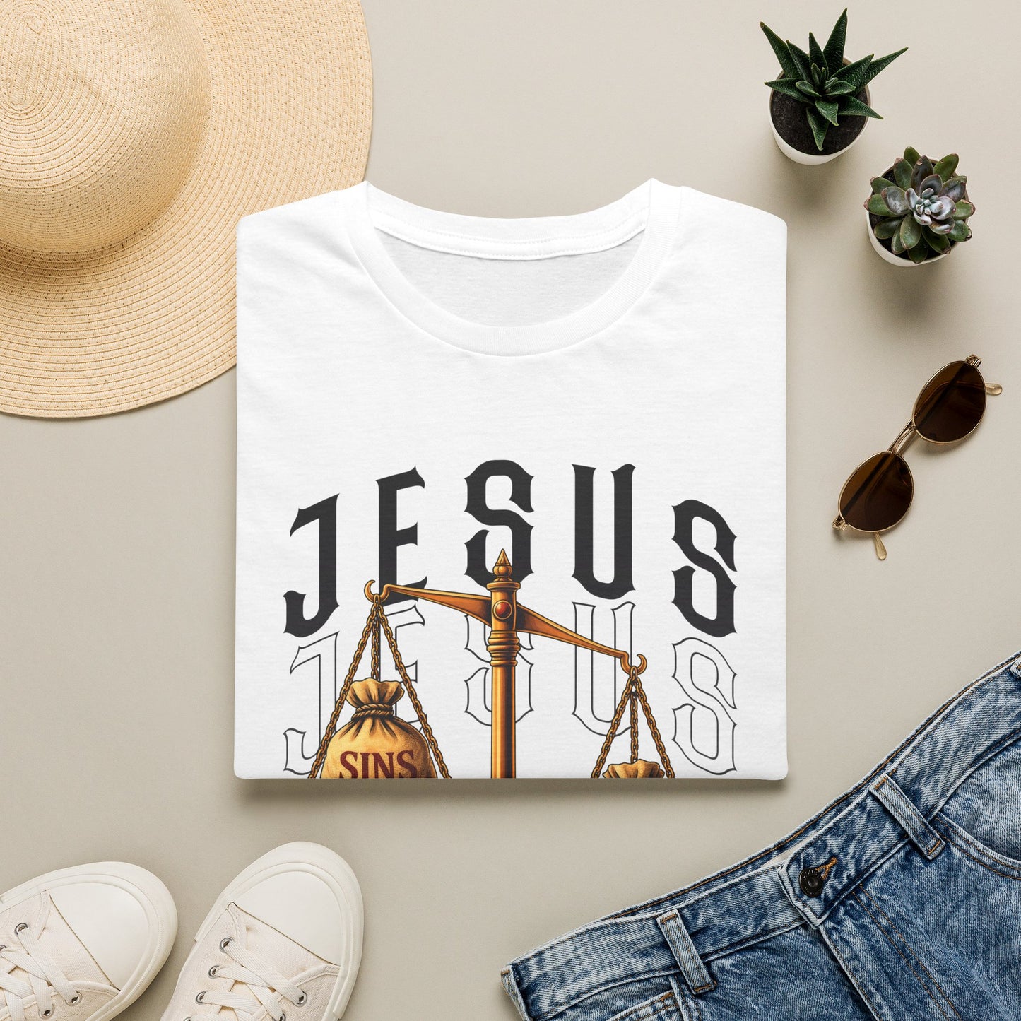 Jesus Scales T-Shirt — "Sins" vs "Forgiveness" Faith Graphic Tee