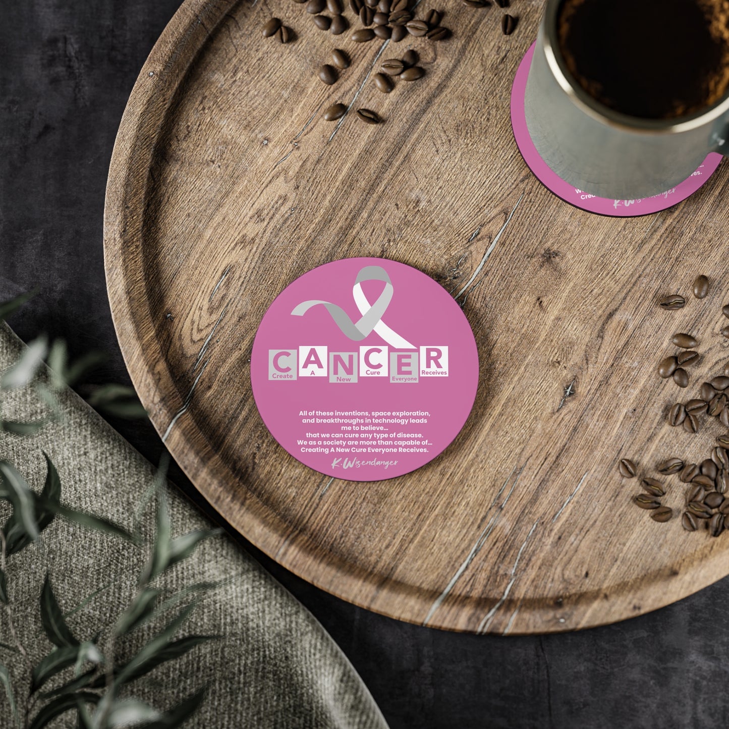 Breast C.A.N.C.E.R. Awareness Coasters — Pink Ribbon Support Drink Coaster (Set)