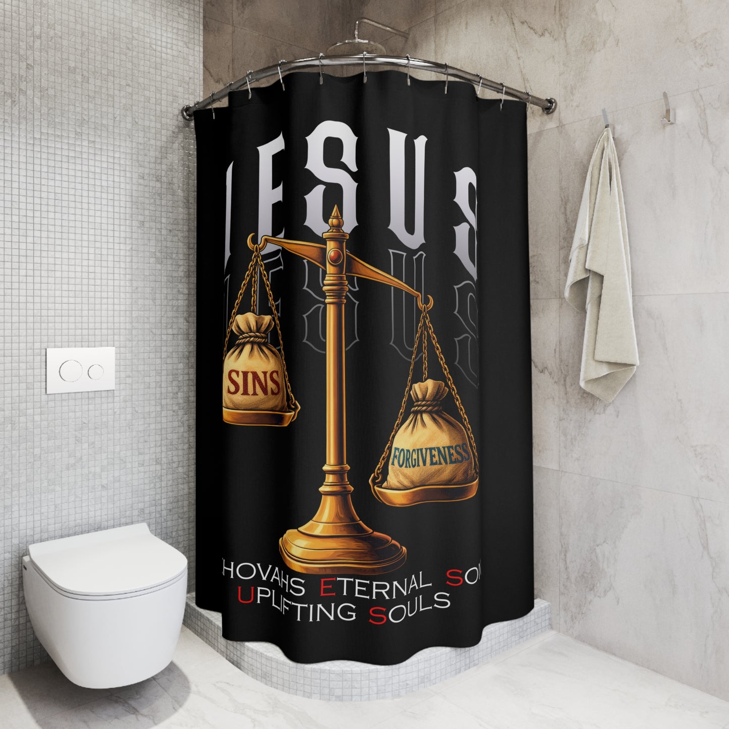 Jesus Scales Shower Curtain — Sins vs Forgiveness Christian Bathroom Decor