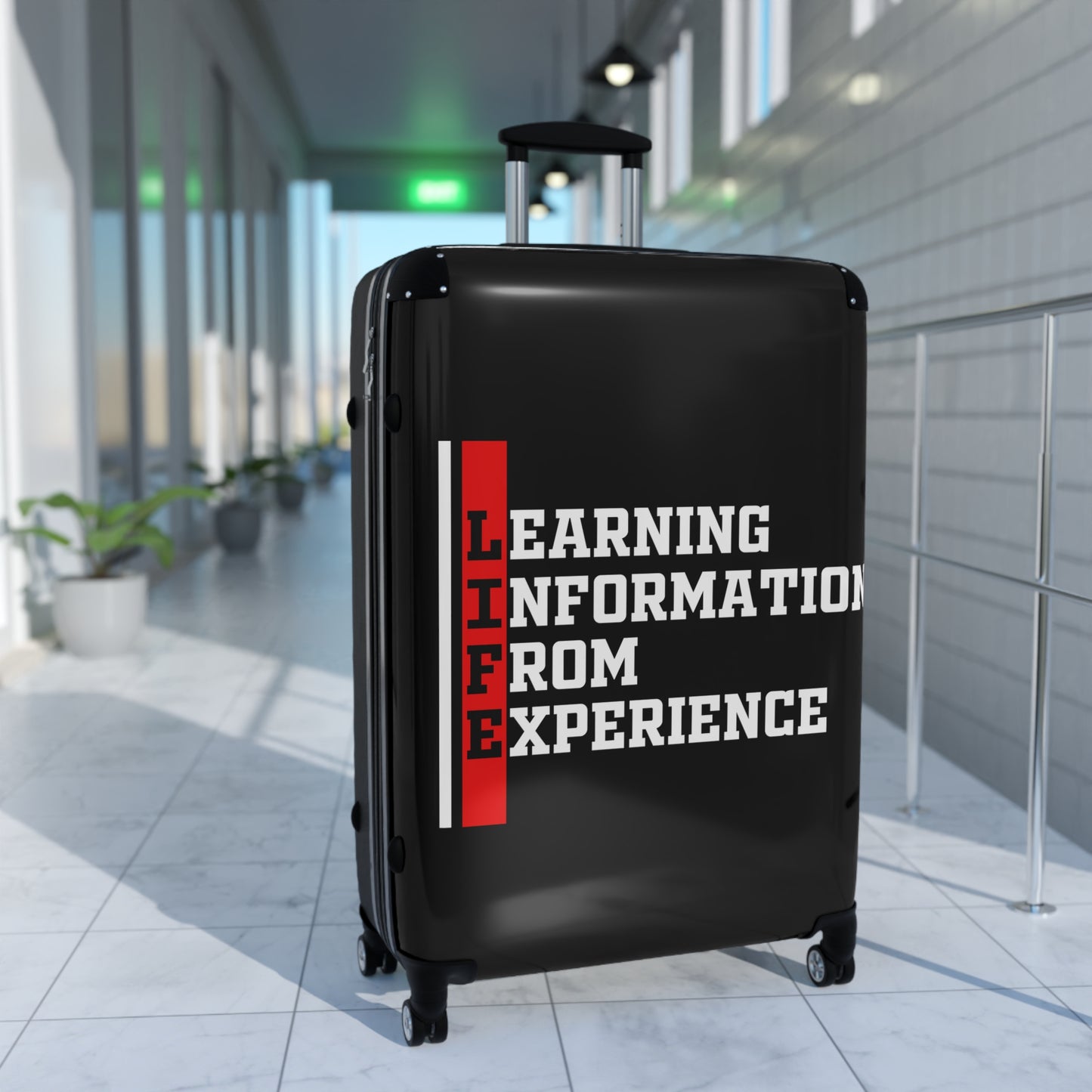 L.I.F.E (Learning Information From Experience) Travel Suitcase with Inspirational Quote | Luggage for Adventurers | Great Gift for Travelers, Students, Graduates