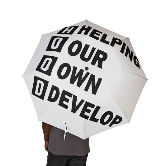 Foldable Umbrella — Bold Black Typography 'HELPING YOUR OWN' Compact Rain Parasol