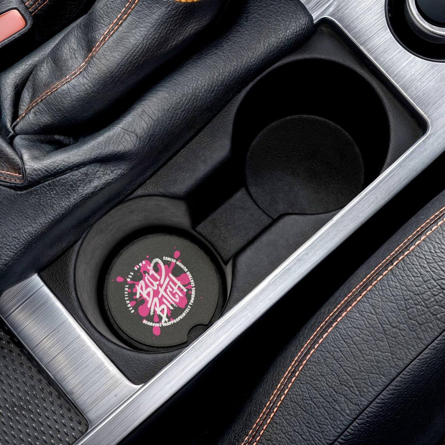 Soapstone Car Coaster — “Bad Bitch” Pink Graffiti Car Cup Holder Coaster