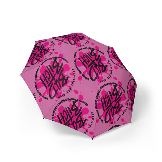 B.A.D. B.I.T.C.H.Foldable Umbrella — Pink 'Hello' Graffiti Print Semi-Automatic Compact Travel Umbrella