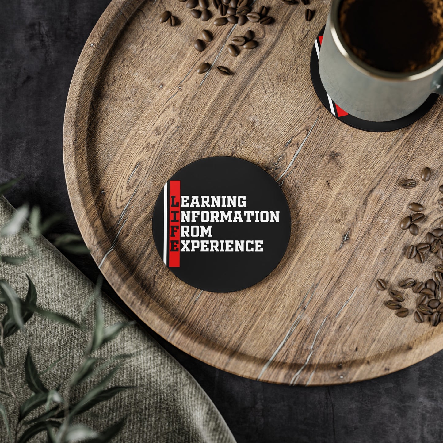 Coaster — LIFE: Learning Information From Experience Black Cork Drink Coaster