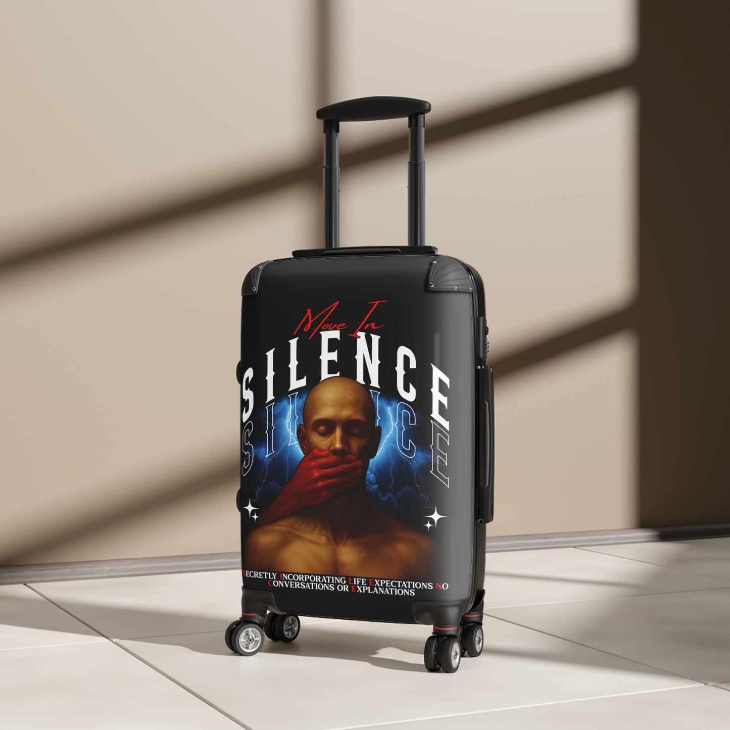 Move In S.I.L.E.N.C.E. Travel Suitcase with Artistic Design, Unique Luggage for Stylish Travelers