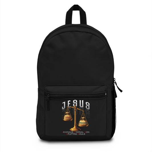 Jesus Scales Backpack - Faith-Based 'Sins' Balance Graphic School Bag