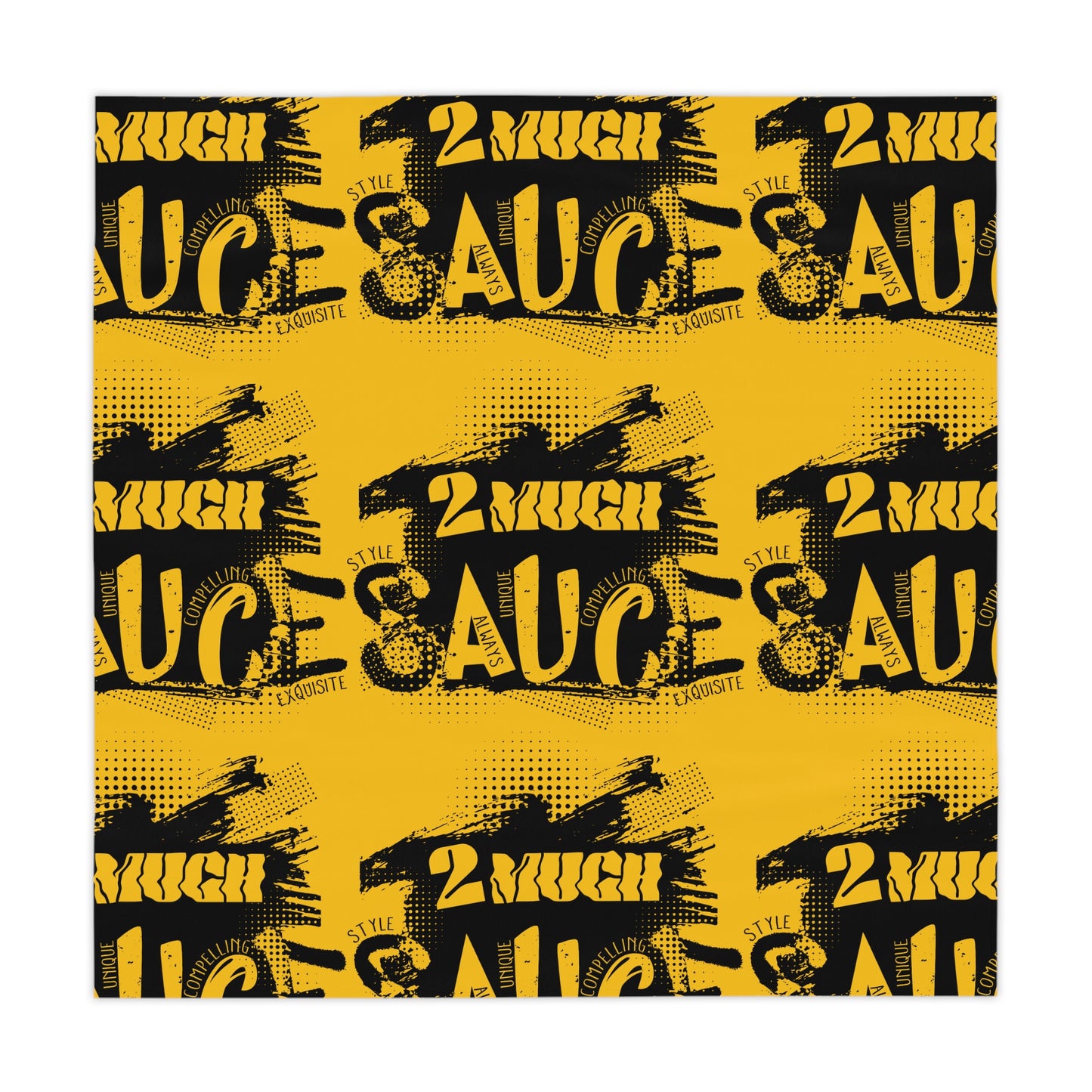 Bold '2 Much Sauce' Graphic Tablecloth — Yellow & Black Retro Grunge Dining Cover