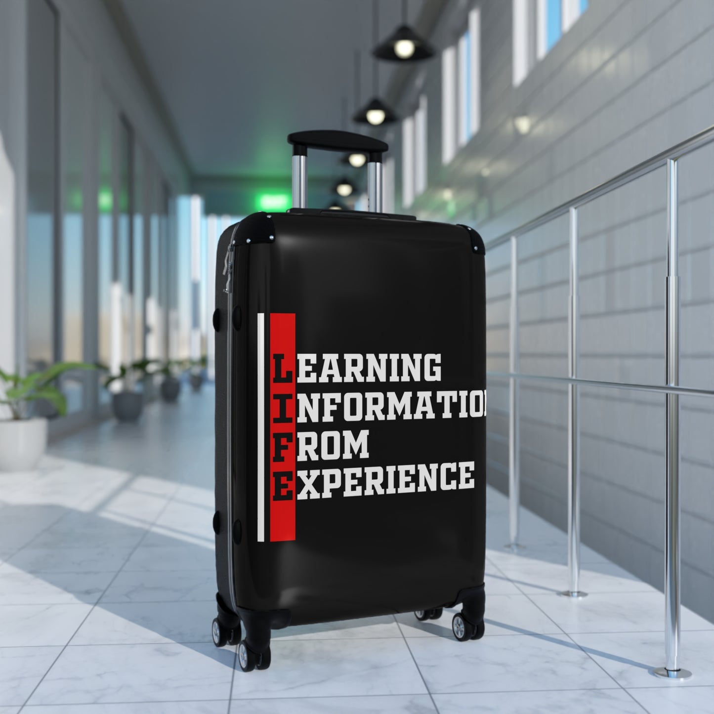 L.I.F.E (Learning Information From Experience) Travel Suitcase with Inspirational Quote | Luggage for Adventurers | Great Gift for Travelers, Students, Graduates