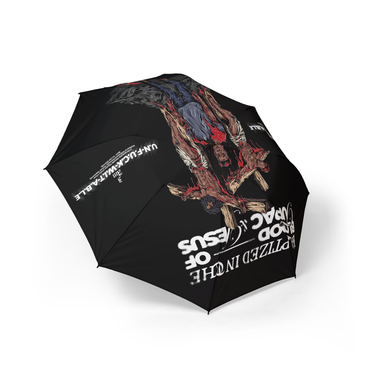 BAPTIZED IN THE BLOOD Foldable Umbrella — Rain Umbrella with Inverted Text Design