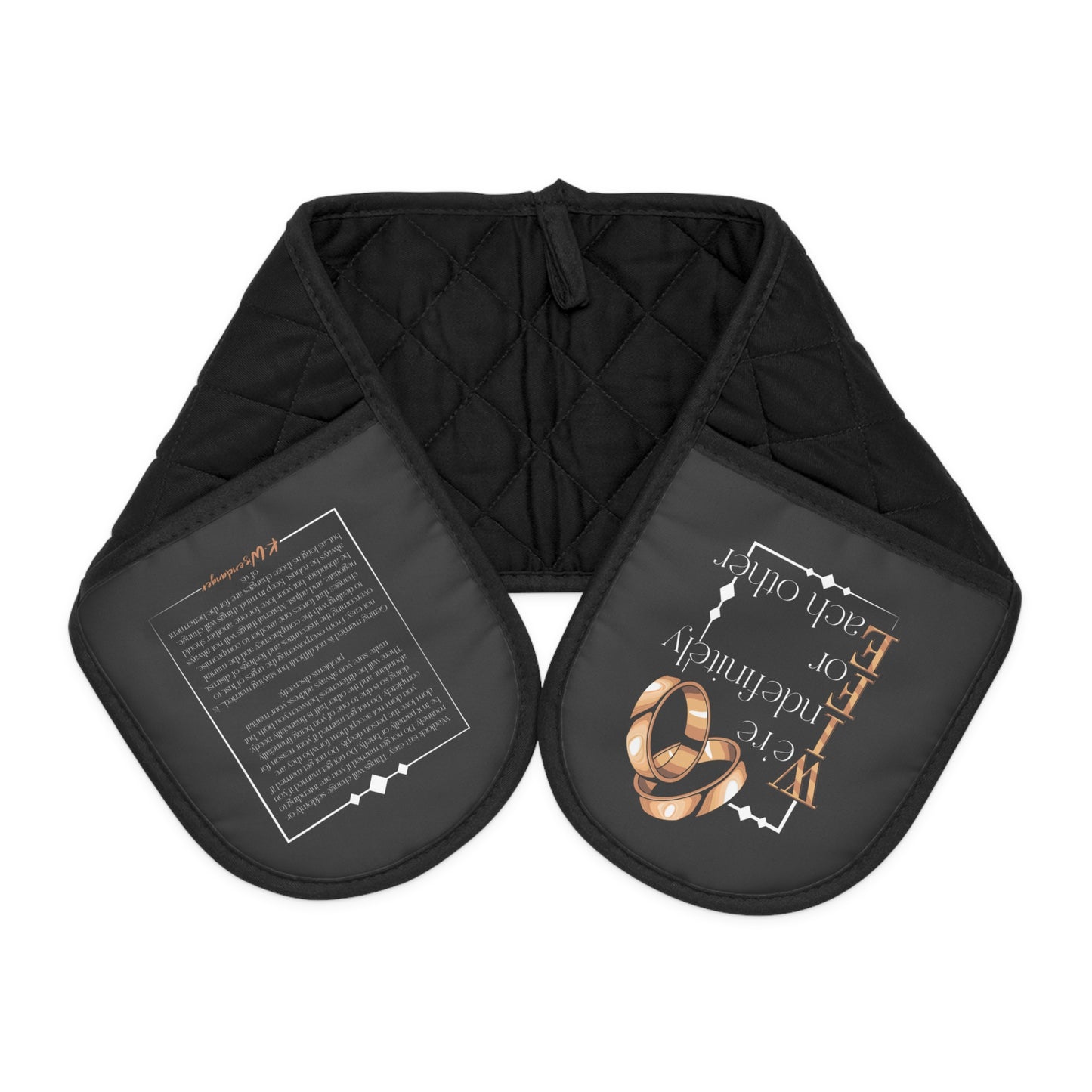 Premium W.I.F.E. Black Quilted Oven Mitts with Pretzel & Recipe Accent — Double-Handled Heat-Resistant Pot Holder