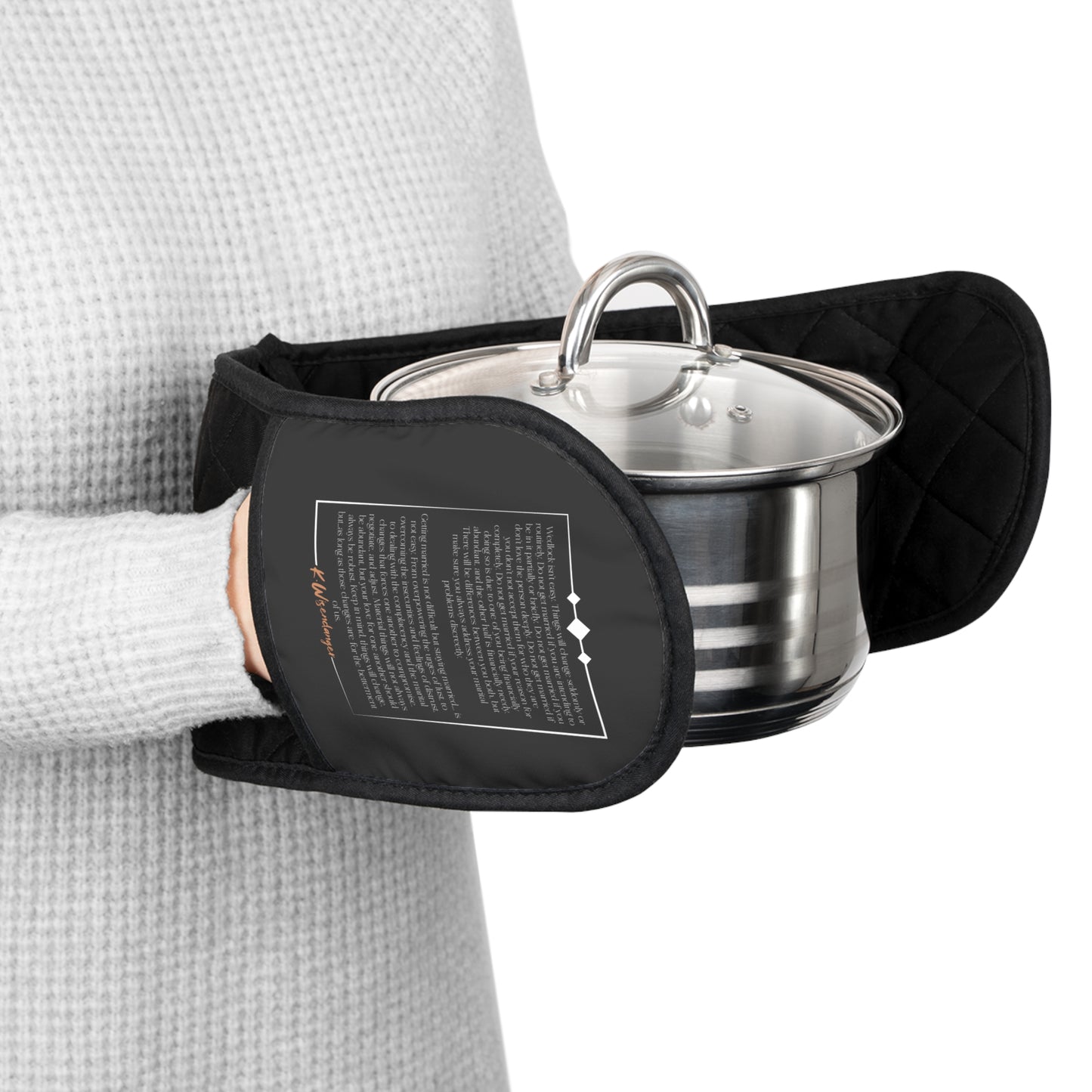 Premium W.I.F.E. Black Quilted Oven Mitts with Pretzel & Recipe Accent — Double-Handled Heat-Resistant Pot Holder